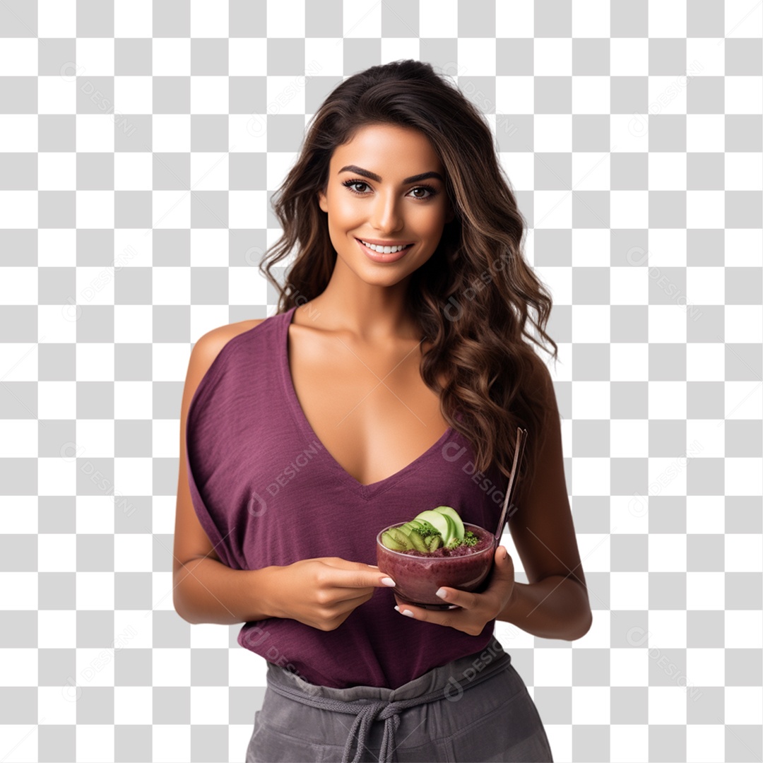 Mulher Segurando Pote de Açaí com Frutas PNG Transparente