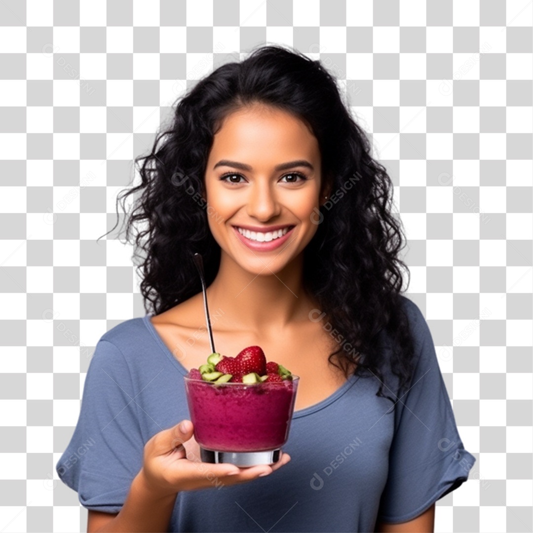 Mulher Segurando Pote de Açaí com Frutas PNG Transparente