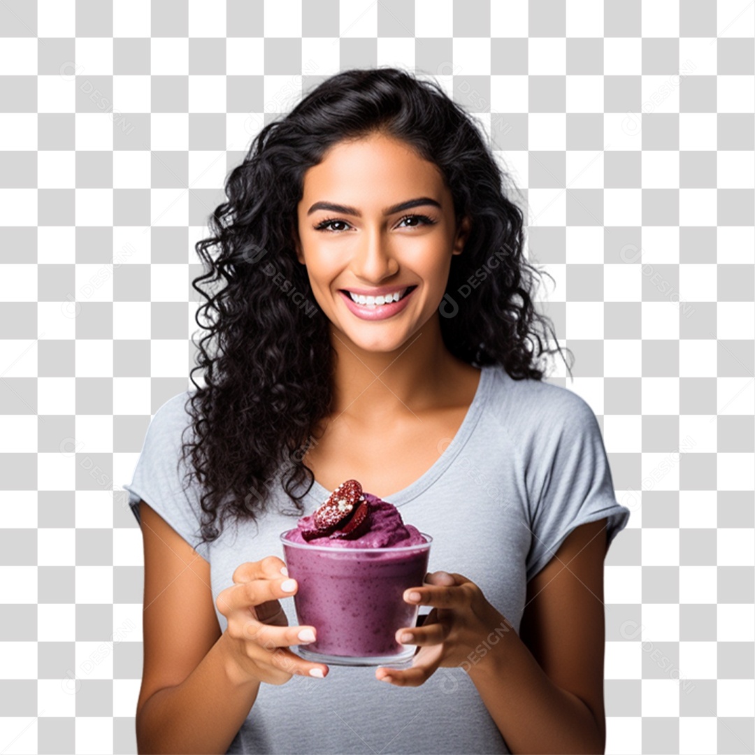 Mulher Segurando Pote de Açaí com Frutas PNG Transparente