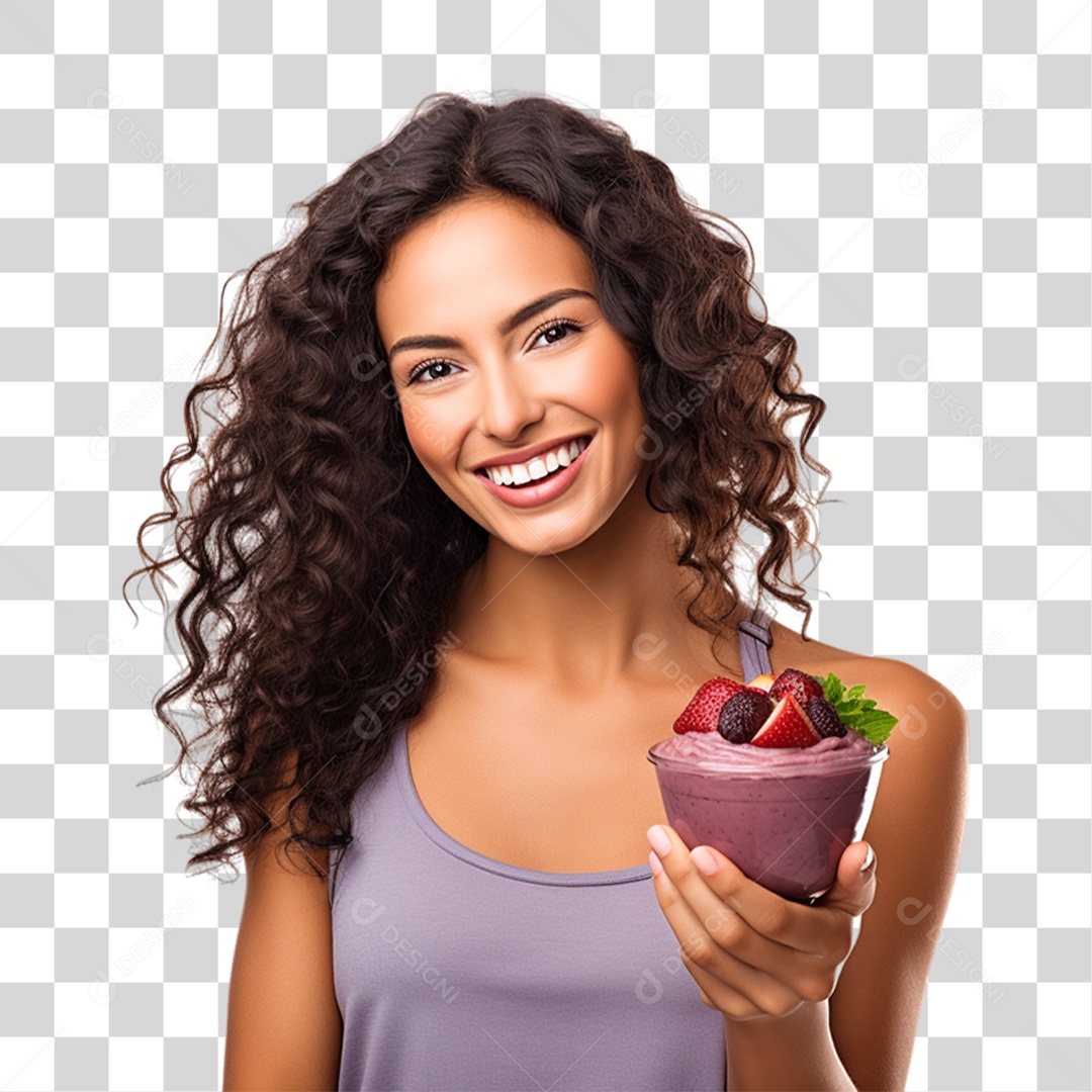 Mulher Segurando Pote de Açaí com Frutas PNG Transparente