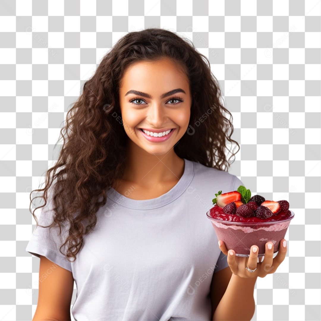 Mulher Segurando Pote de Açaí com Frutas PNG Transparente