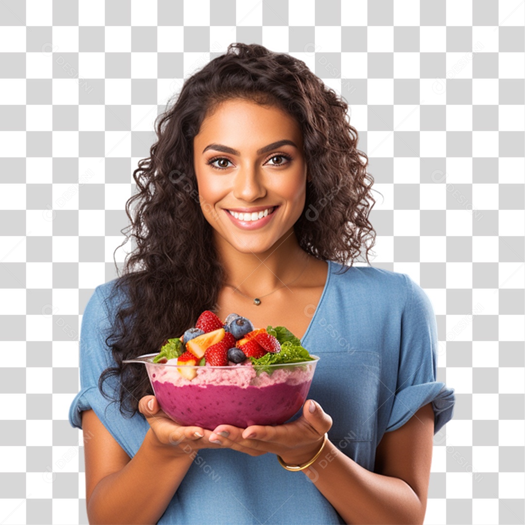 Mulher Segurando Pote de Açaí com Frutas PNG Transparente