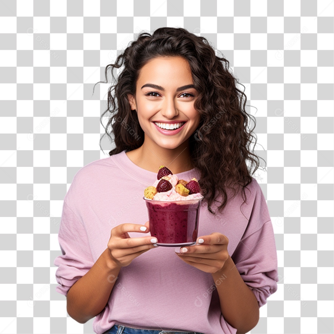 Mulher Segurando Pote de Açaí com Frutas PNG Transparente