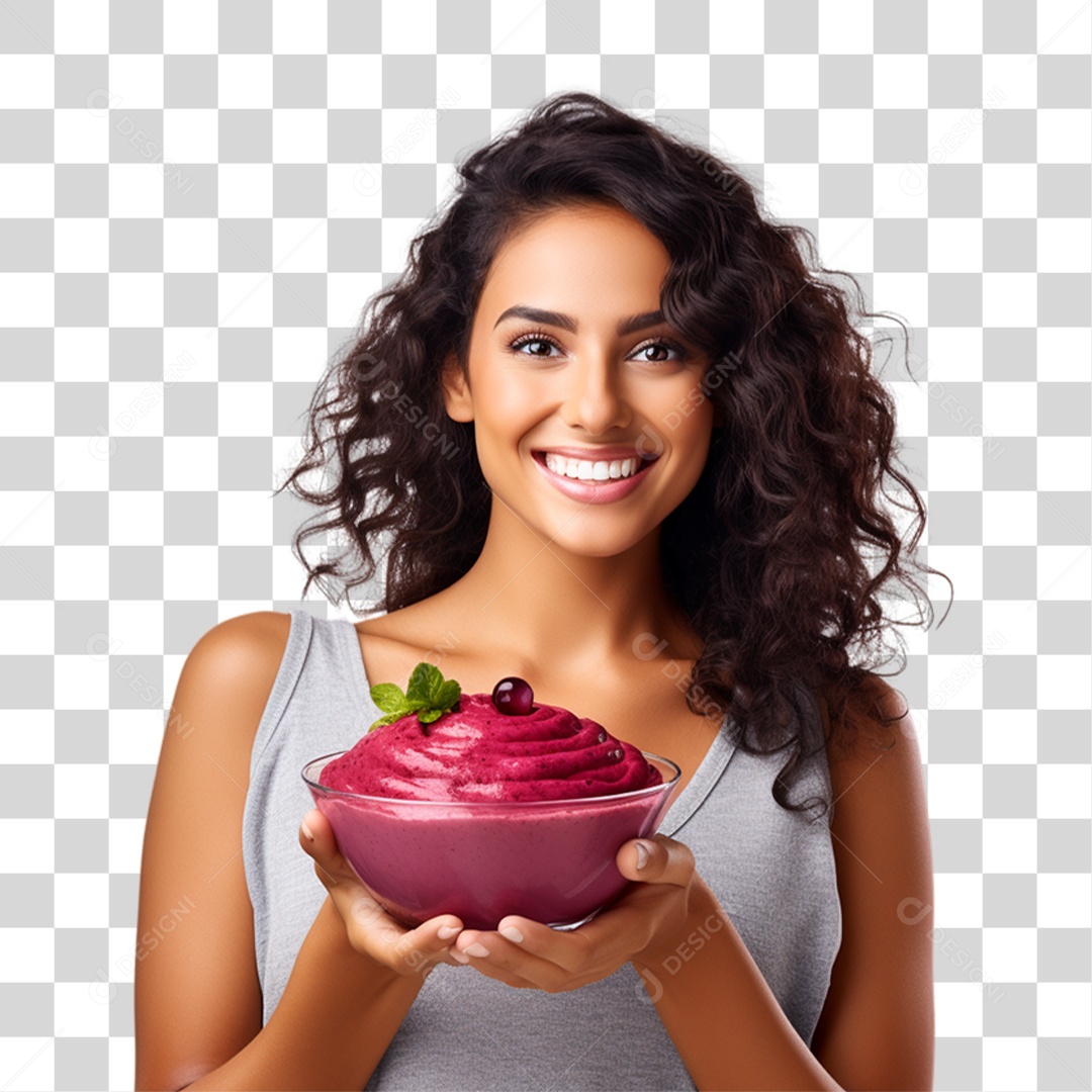 Mulher Segurando Pote de Açaí com Frutas PNG Transparente