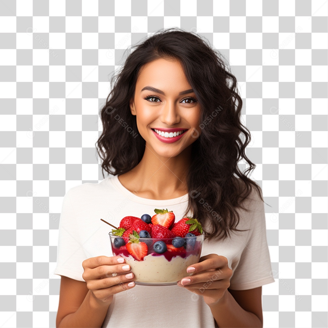 Mulher Segurando Pote de Açaí com Frutas PNG Transparente