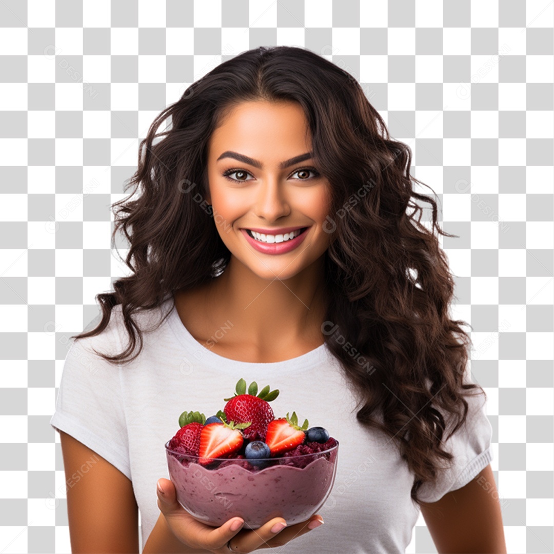 Mulher Segurando Pote de Açaí com Frutas PNG Transparente