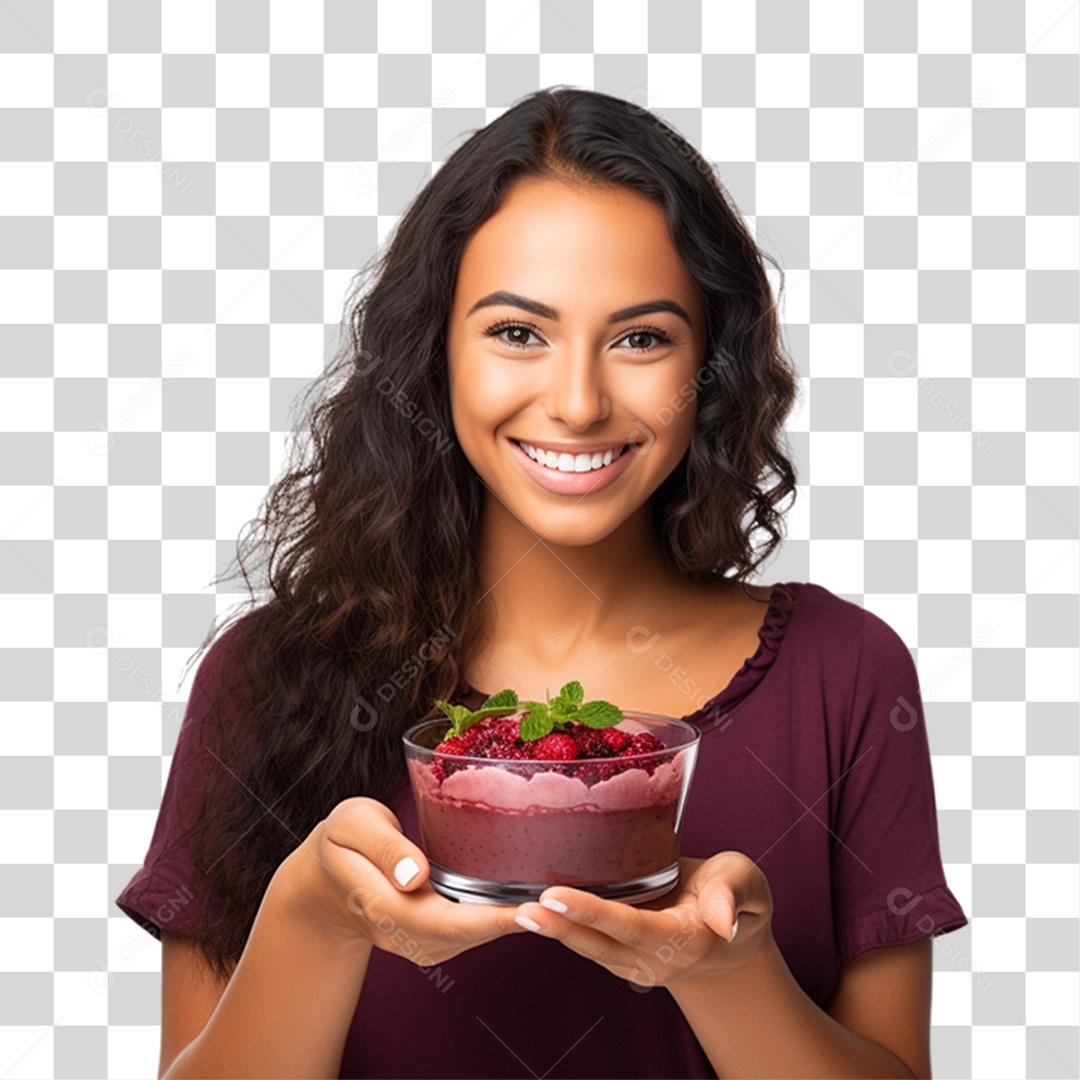 Mulher Segurando Pote de Açaí com Frutas PNG Transparente