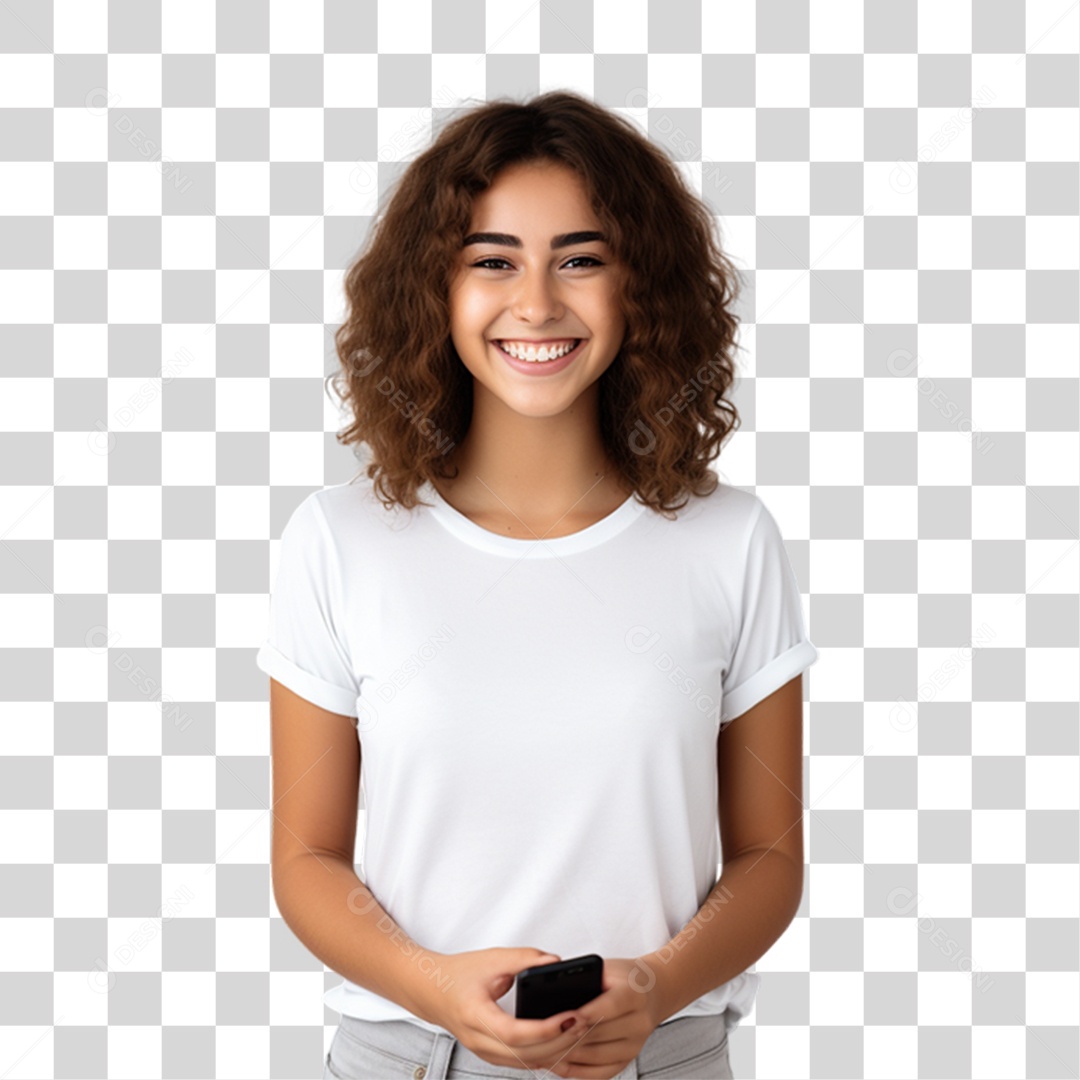 Mulher Segurando Celular nas Mãos PNG Transparente