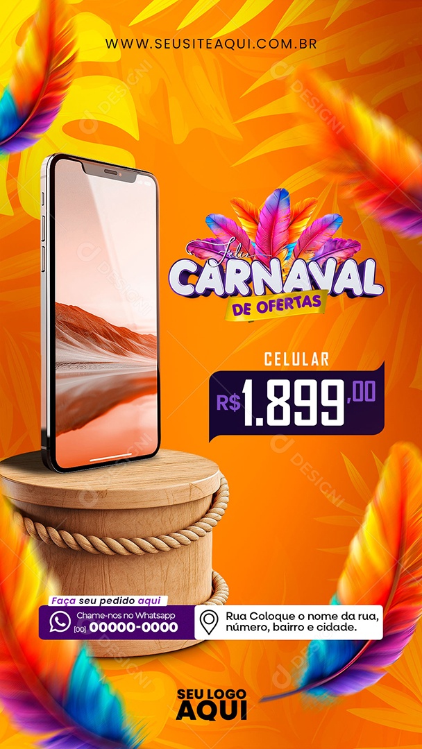 Feliz Carnaval de Ofertas Celular 1.899,00 Social Media PSD Editável