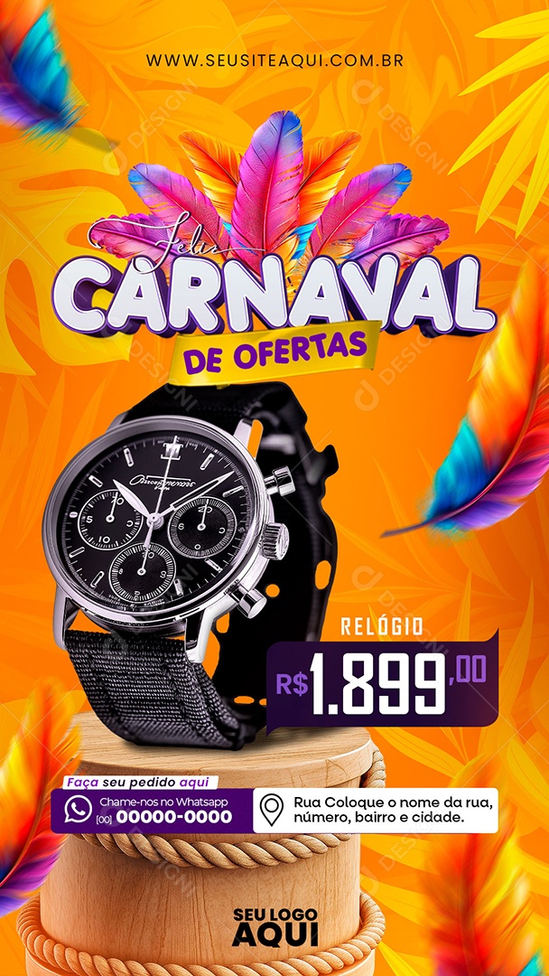 Story Feliz Carnaval de Ofertas Relógio 1.899,00 Social Media PSD Editável