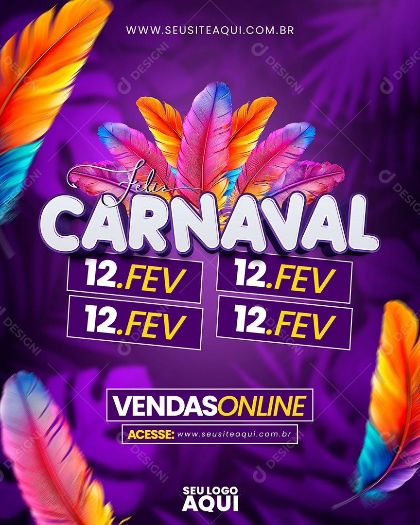 Feliz Carnaval 12 de Fevereiro Vendas Online Social Media PSD Editável