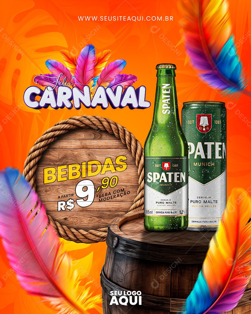 Feliz Carnaval Bebidas a Partir de 9,90 Social Media PSD Editável