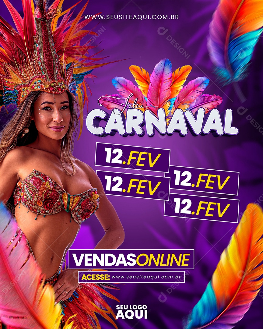 Feliz Carnaval 12 de Fevereiro Vendas Online  Acesse o Site Social Media PSD Editável