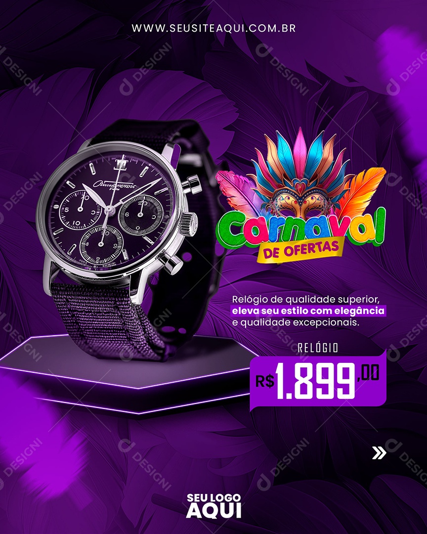 Feliz Carnaval Ofertas Relógio 1.899,00 Social Media PSD Editável