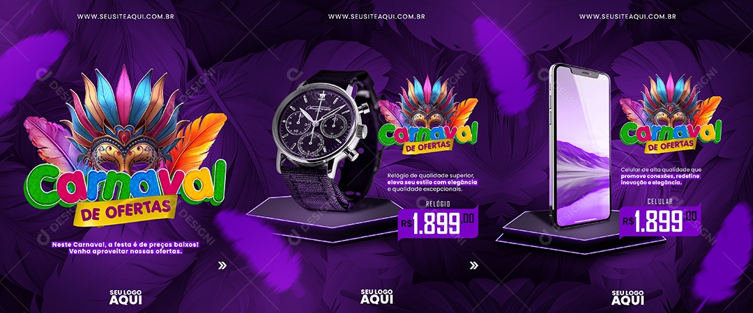 Banner Feliz Carnaval de Ofertas Relógio e Celular 1.899,00 Social Media PSD Editável