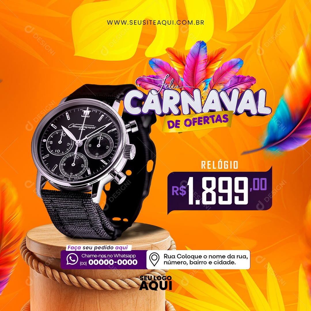 Feed Feliz Carnaval Ofertas Relógio 1.899,00 Social Media PSD Editável
