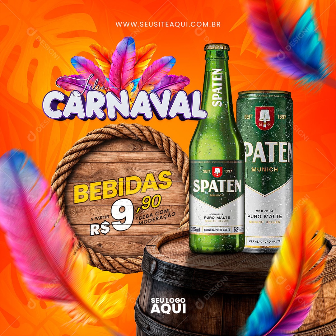 Feed Feliz Carnaval Bebidas a Partir de 9,90 Social Media PSD Editável
