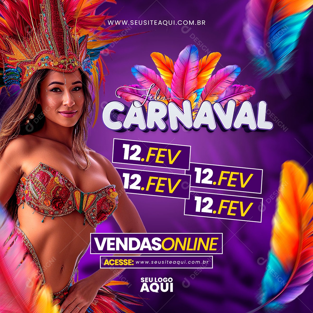 Feed Feliz Carnaval Vendas Online 12 de Fevereiro Social Media PSD Editável