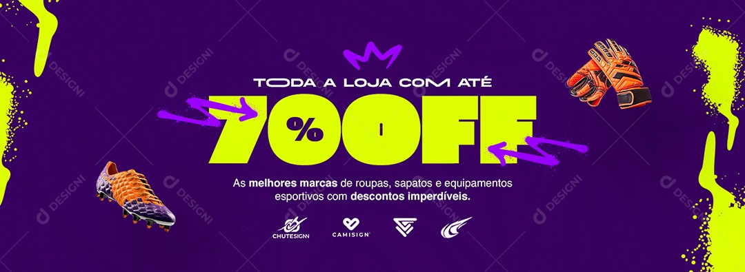 Campanha Publicitária Webanner Esportivos Toda Loja com Até 70% Off Social Media PSD Editável