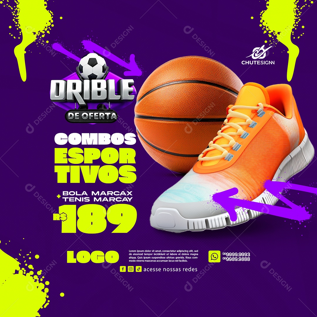 Campanha Publicitária Esportivos Drible De Oferta Tênis Bola de Basquete Social Media PSD Editável