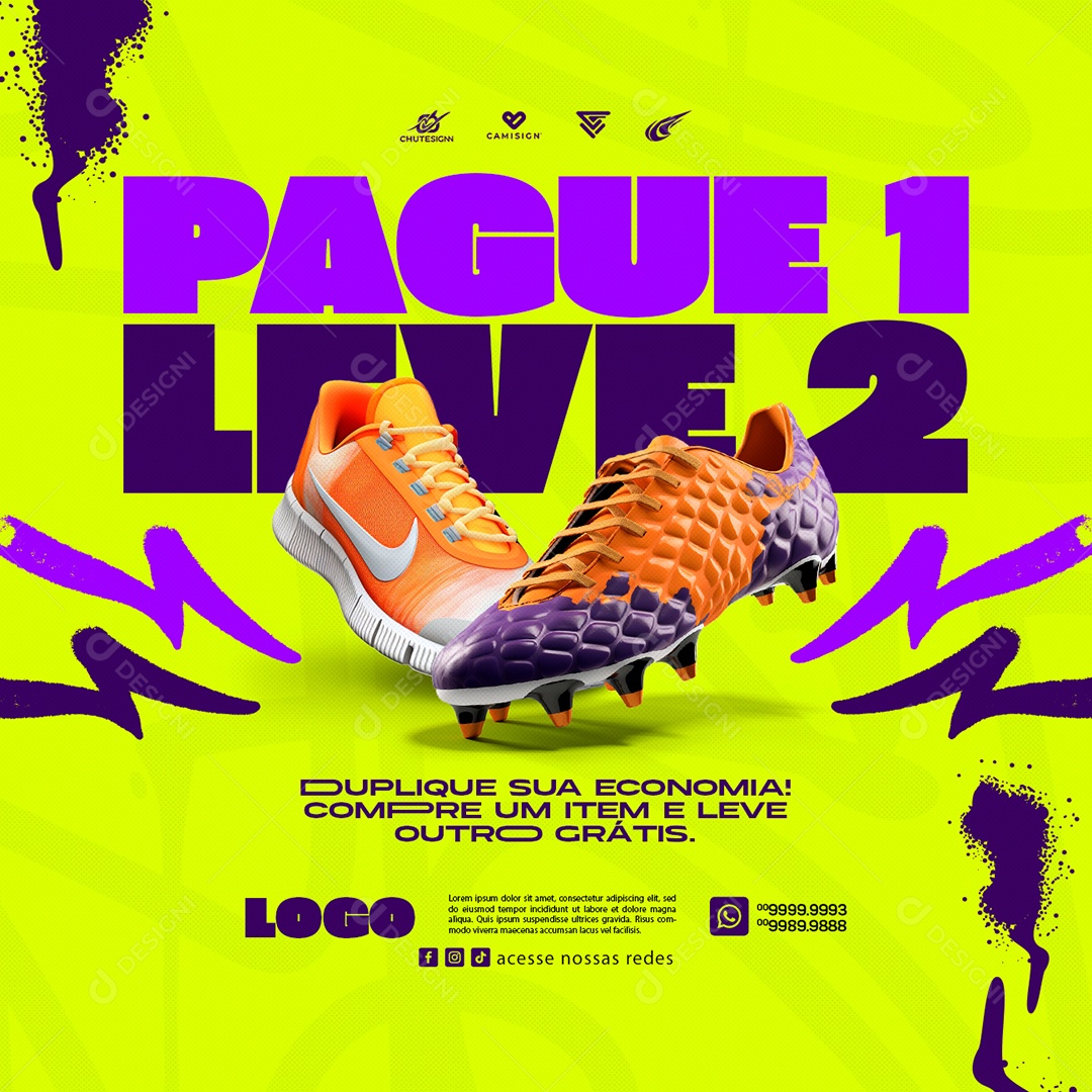 Campanha Publicitária Esportivos Tênis Chuteira Pague 1 Leve 2 Social Media PSD Editável