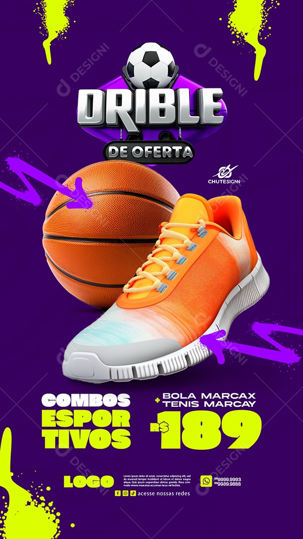 Campanha Publicitária Esportivos Story Drible De Oferta Tênis Bola de Basquete Social Media PSD Editável