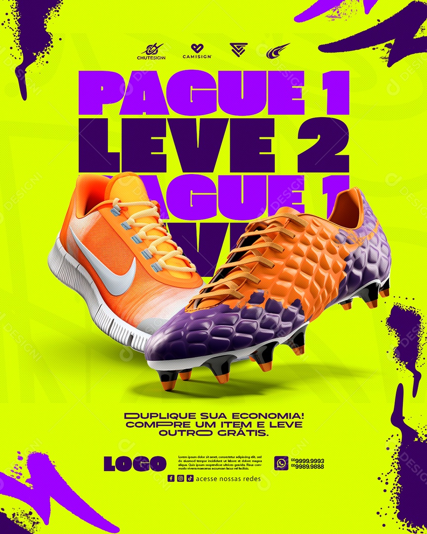 Campanha Publicitária Flyer Esportivos Tênis Chuteira Pague 1 Leve 2 Social Media PSD Editável
