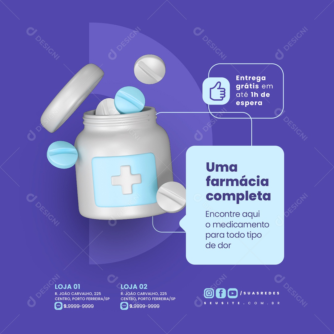 Uma Farmácia completa Encontre aqui o medicamento Social Media PSD Editável