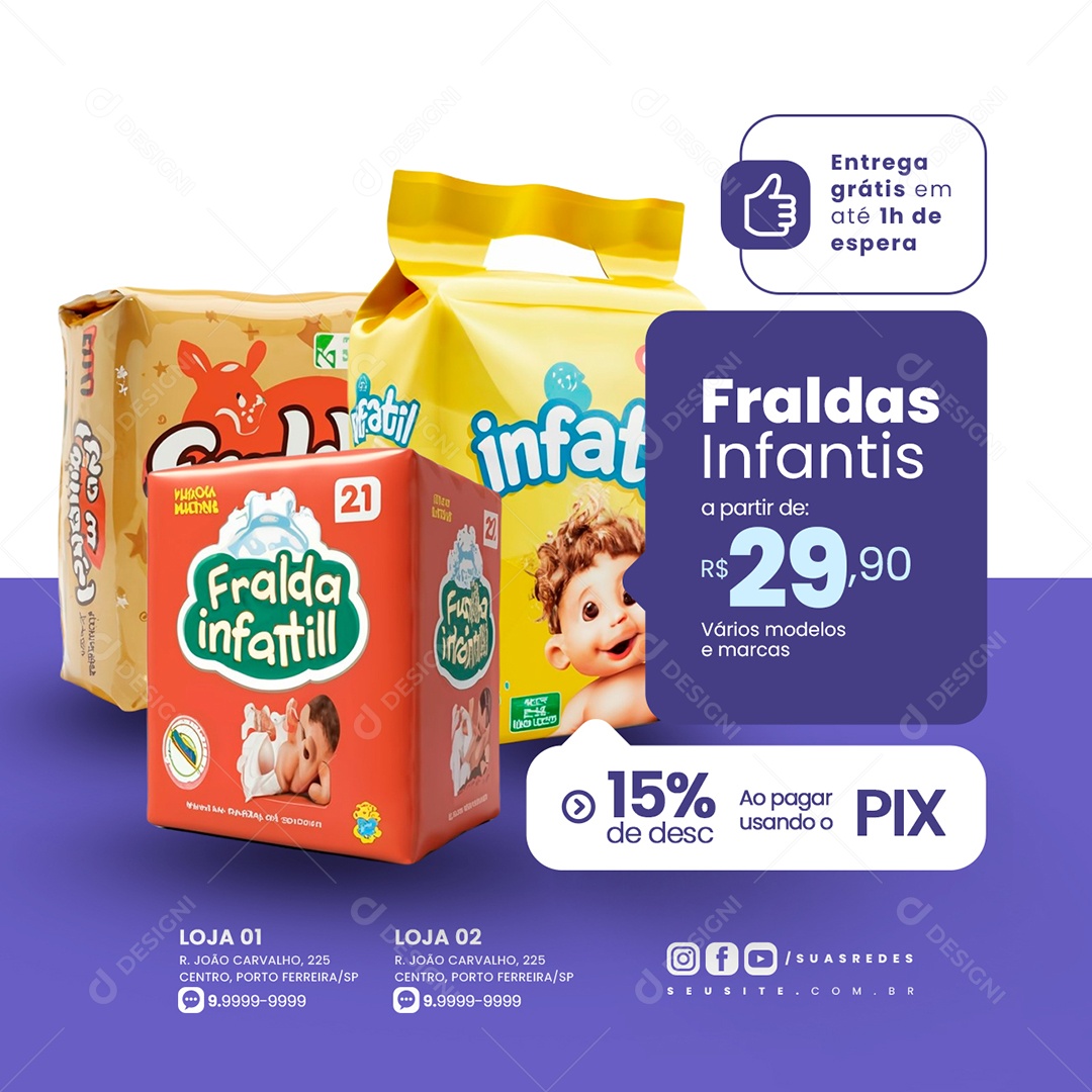 Farmácia Fraldas Infantis Entrega grátis em até 1h de espera Social Media PSD Editável