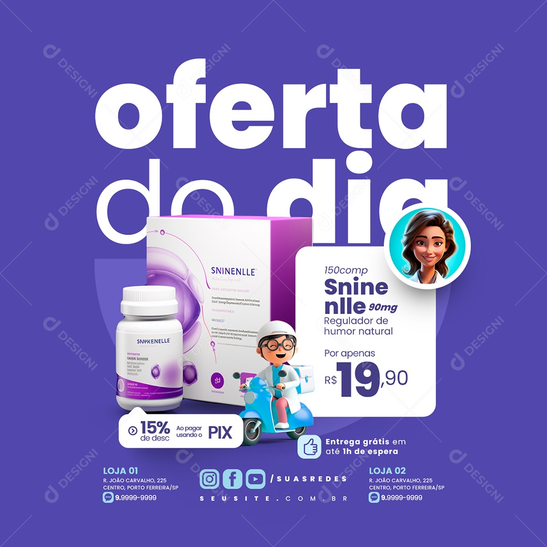 Farmácia Oferta do dia Sninlle 15% de desconto ao pagar usando o Pix Social Media PSD Editável