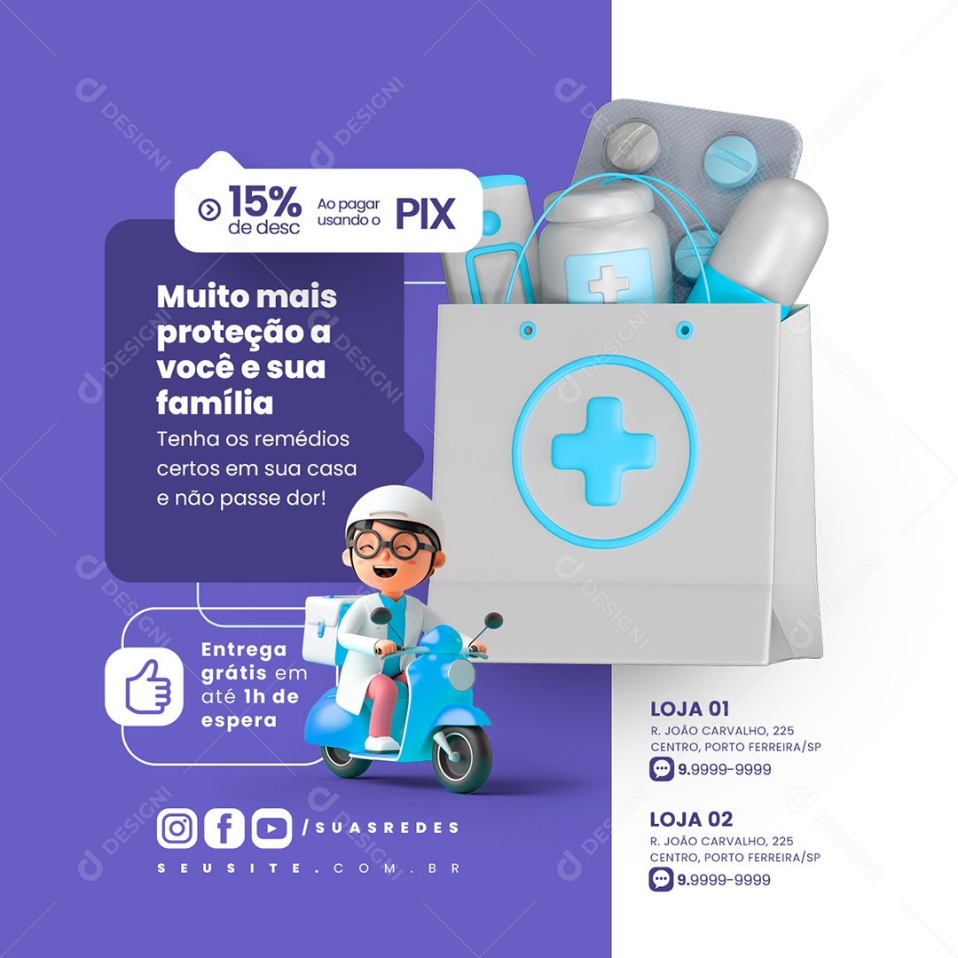 Farmácia Tenha os remédios certos em sua casa Social Media PSD Editável