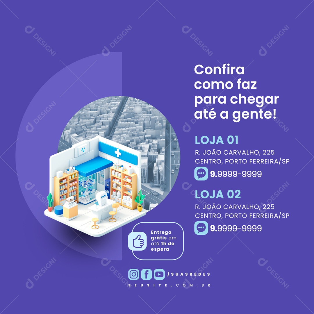 Farmácia Confira como faz para chegar até a gente Social Media PSD Editável