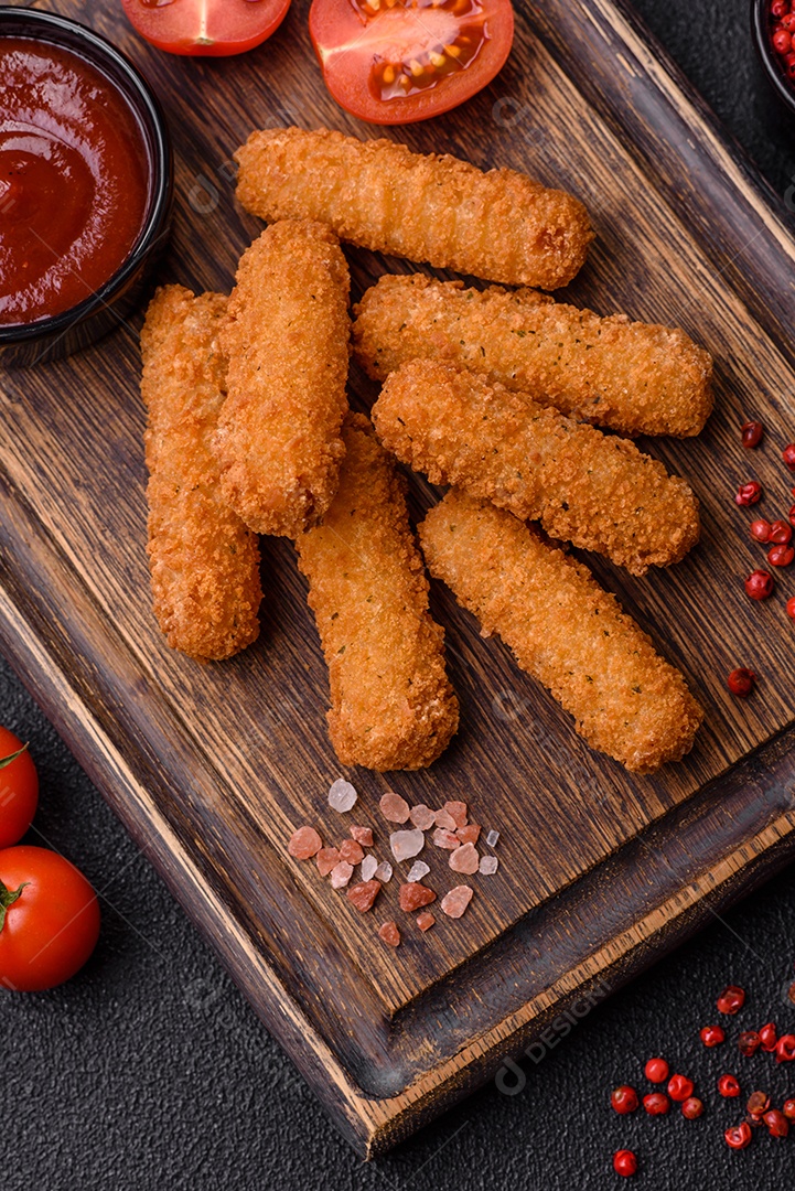 Deliciosos palitos de queijo crocante com mussarela, sal e especiarias, empanados e fritos em óleo. Comida rápida, take-away