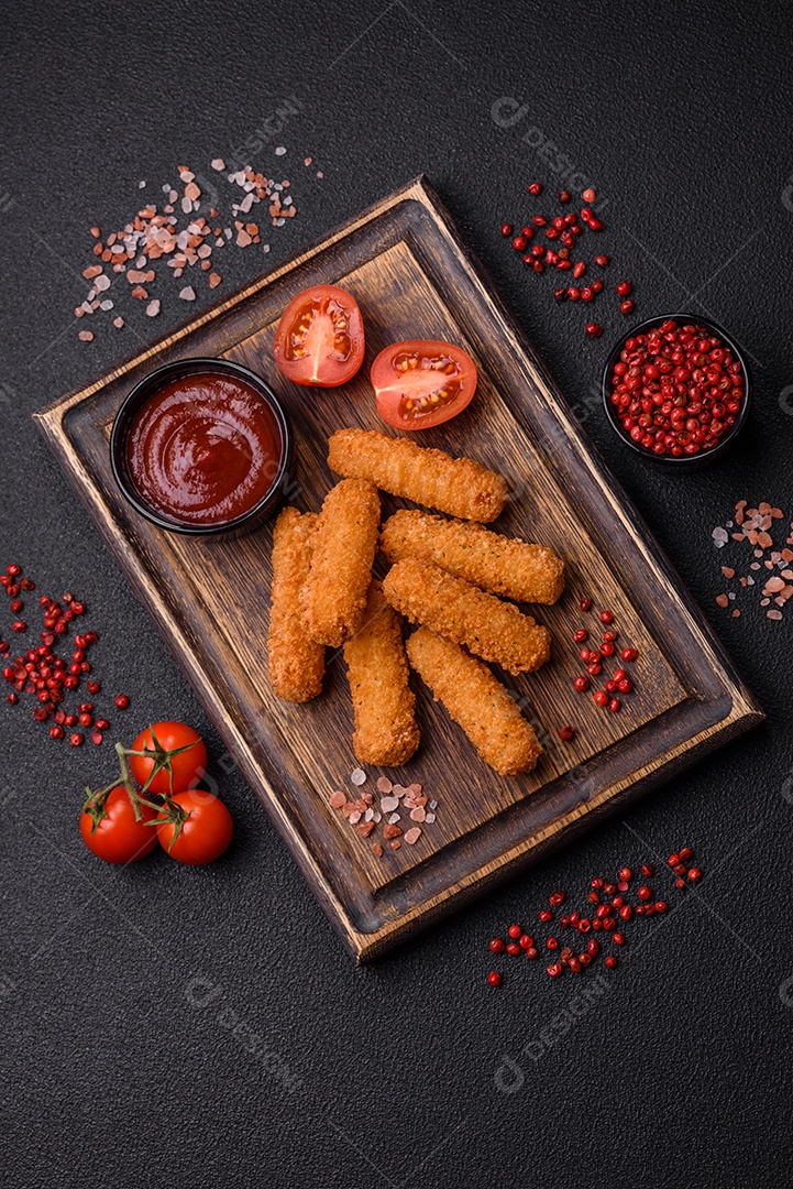 Deliciosos palitos de queijo crocante com mussarela, sal e especiarias, empanados e fritos em óleo. Comida rápida, take-away