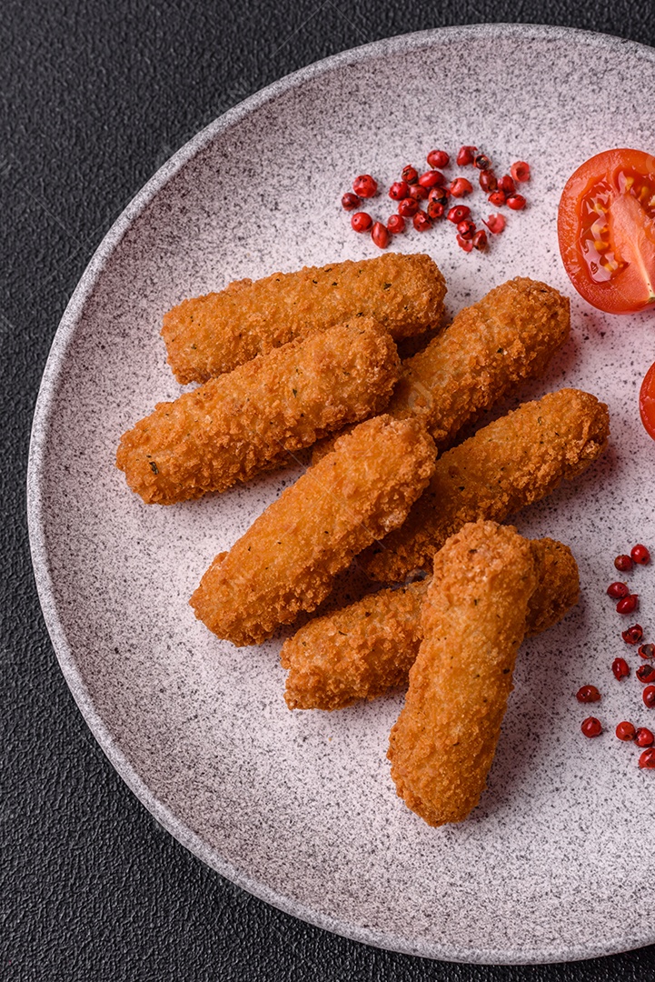 Deliciosos nuggets, rodelas e bolinhas de mussarela e queijo parmesão com sal e especiarias. Fast-food, comida pouco saudável