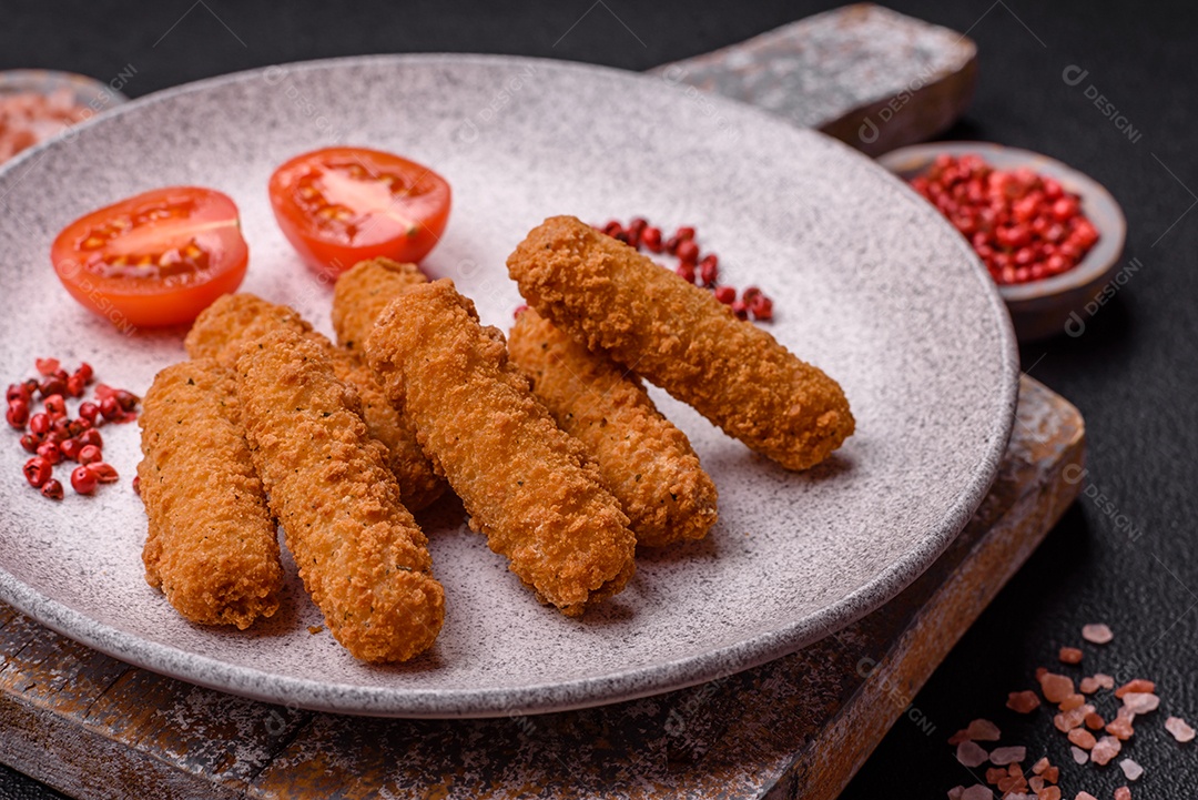 Deliciosos nuggets, rodelas e bolinhas de mussarela e queijo parmesão com sal e especiarias. Fast-food, comida pouco saudável