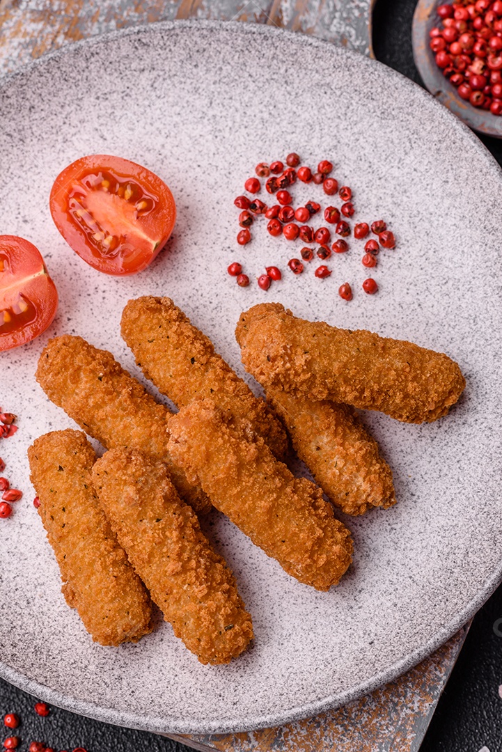 Deliciosos nuggets, rodelas e bolinhas de mussarela e queijo parmesão com sal e especiarias. Fast-food, comida pouco saudável