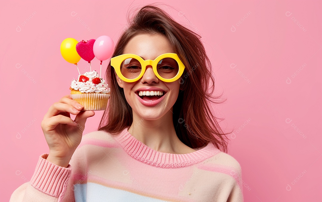 Mulher feliz usando óculos de novidade segurando cupcake