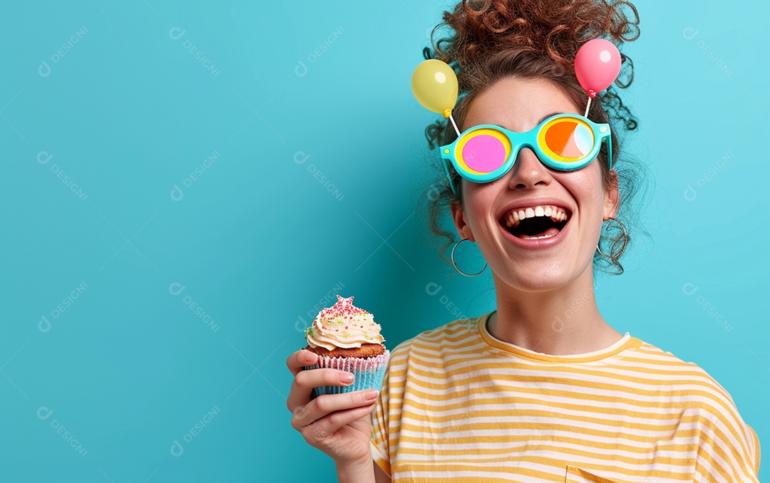 Mulher feliz usando óculos de novidade segurando cupcake
