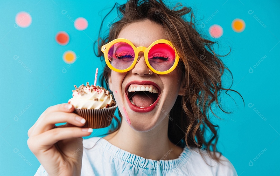 Mulher feliz usando óculos de novidade segurando cupcake