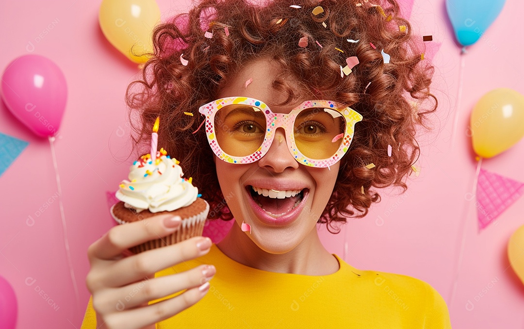 Mulher feliz usando óculos de novidade segurando cupcake