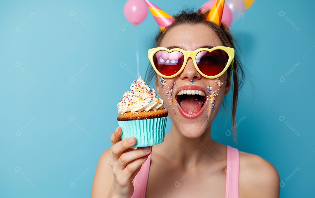 Mulher feliz usando óculos de novidade segurando cupcake