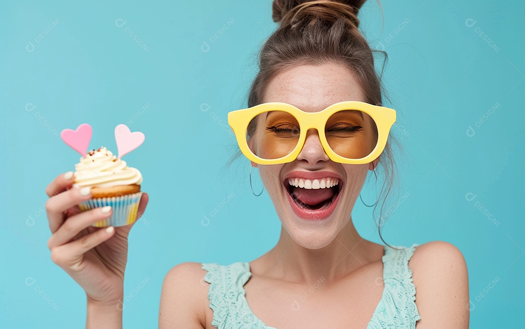 Mulher feliz usando óculos de novidade segurando cupcake