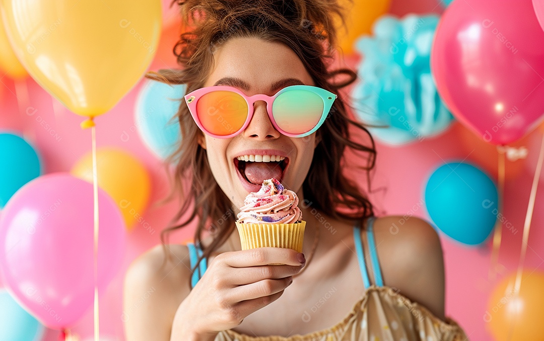 Mulher feliz usando óculos de novidade segurando cupcake