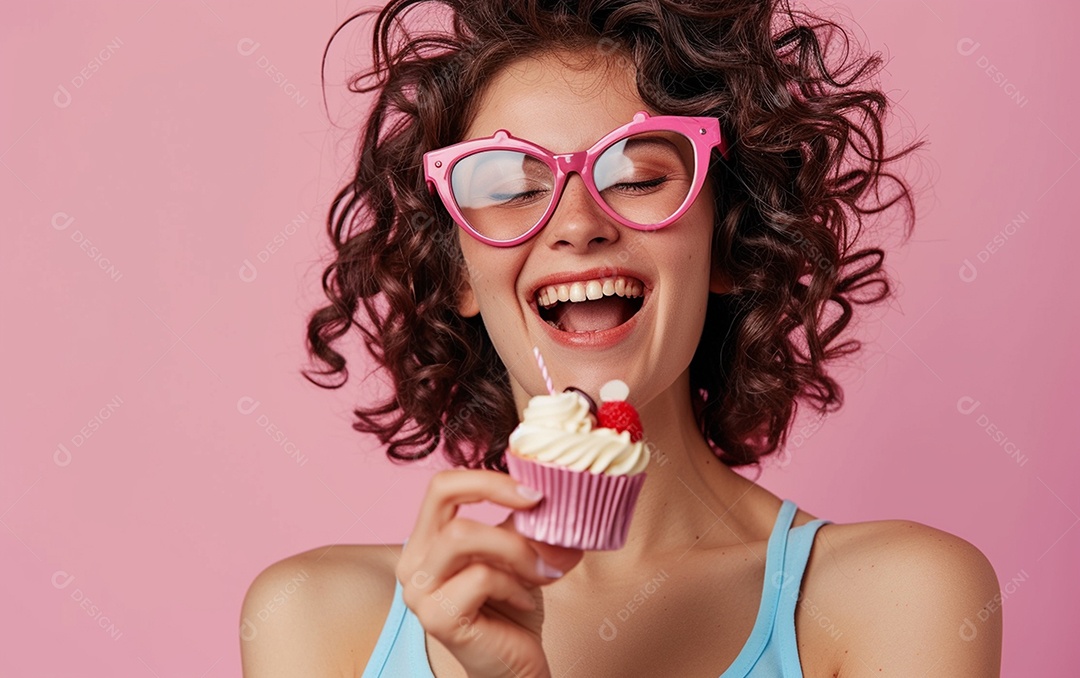 Mulher feliz usando óculos de novidade segurando cupcake