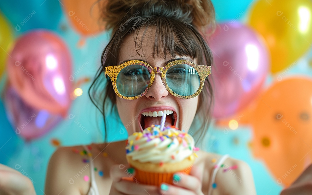 Mulher feliz usando óculos de novidade segurando cupcake