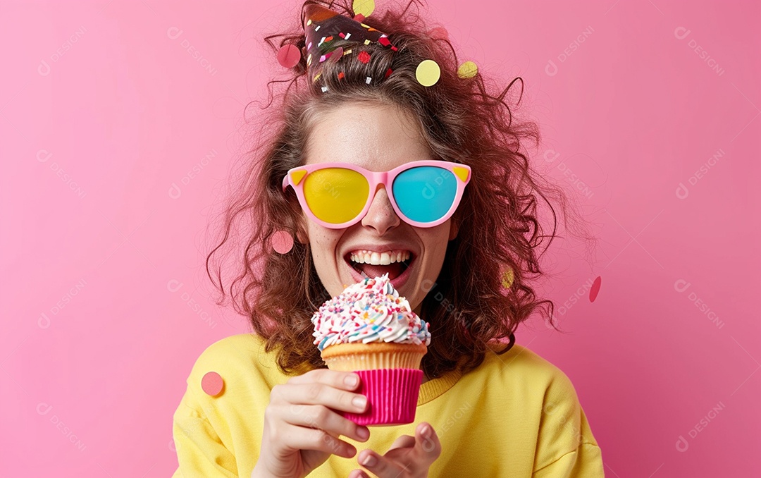 Mulher feliz usando óculos de novidade segurando cupcake