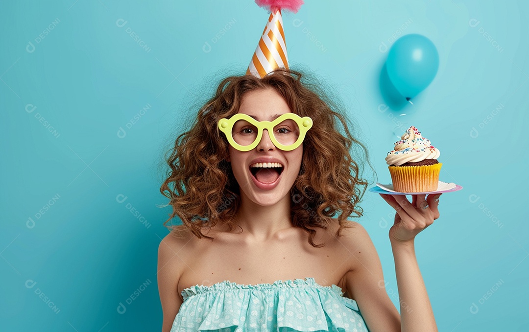 Mulher feliz usando óculos de novidade segurando cupcake