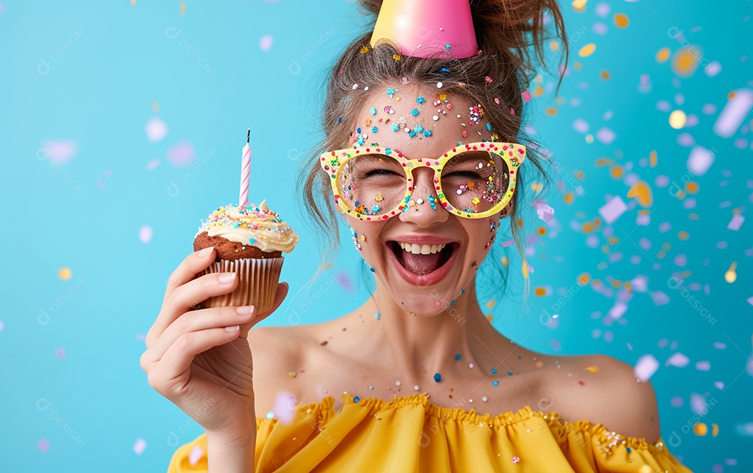 Mulher feliz usando óculos de novidade segurando cupcake