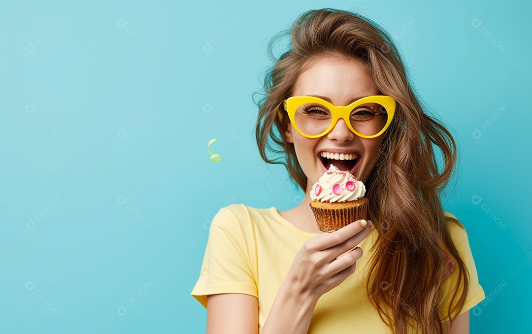 Mulher feliz usando óculos de novidade segurando cupcake